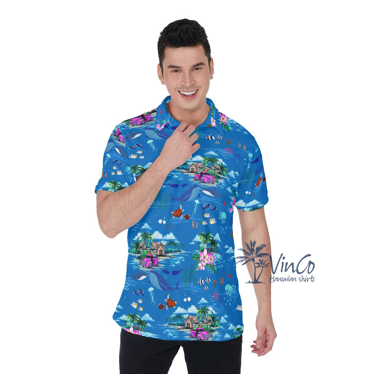Tropical Ocean Fish Blue Hawaiian Polo Shirt For Men - variant image 1