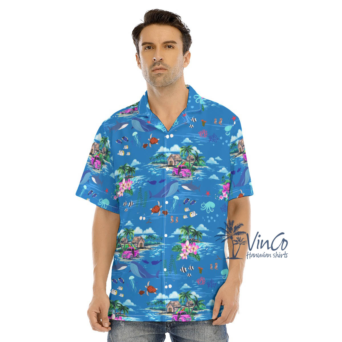 Ocean Whale Tropical Blue Hawaiian Shirt - variant image 1