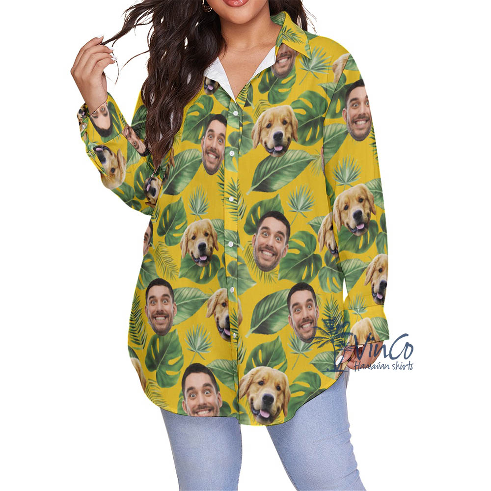 Tropical Custom Dog Face Plus Size Hawaiian Shirt For Women - variant image 1