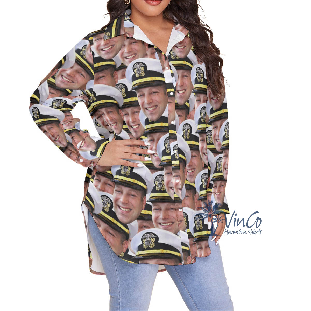 Women's Military Plus Size Hawaiian Shirt With Custom Face