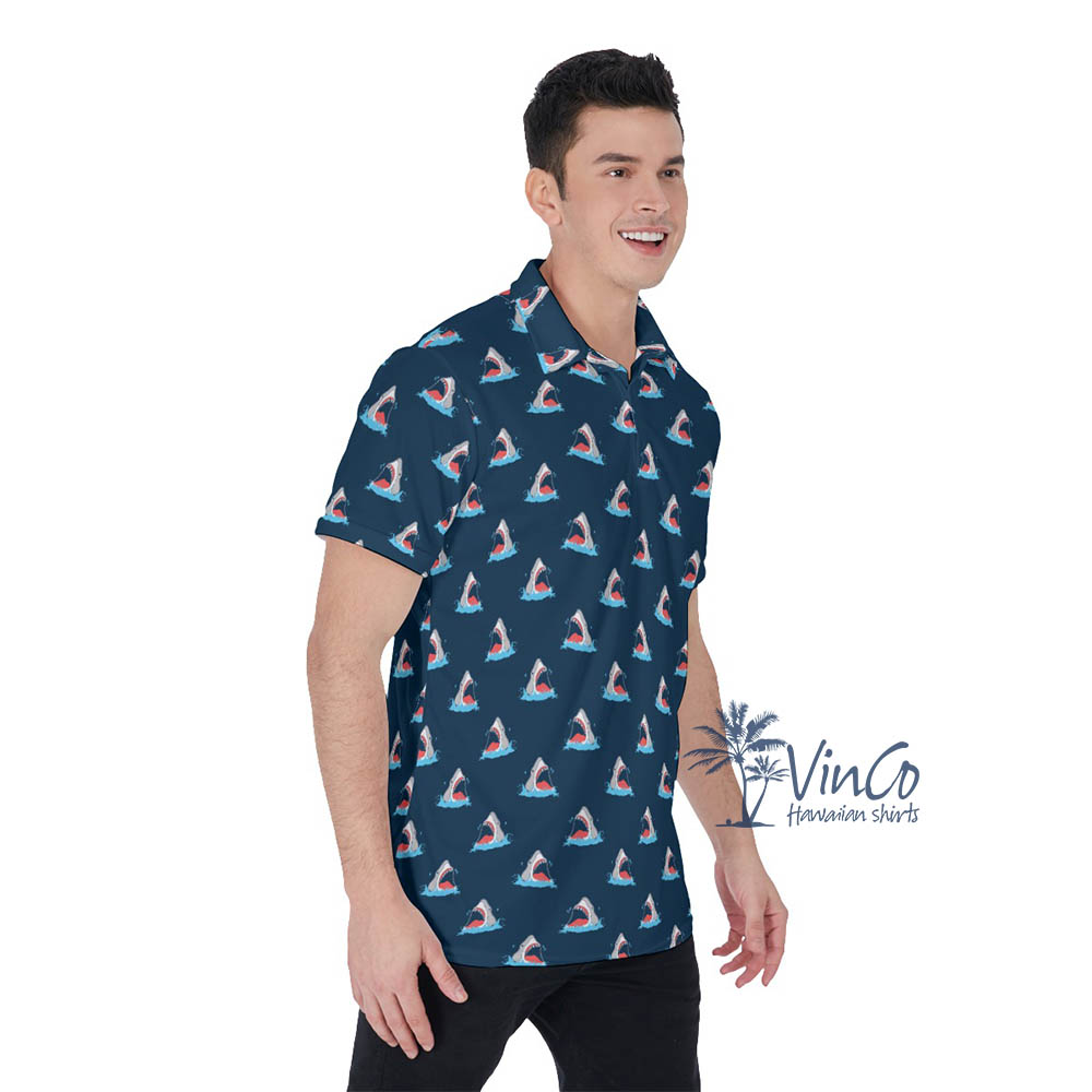 Shark Navy Hawaiian Polo Shirt For Men