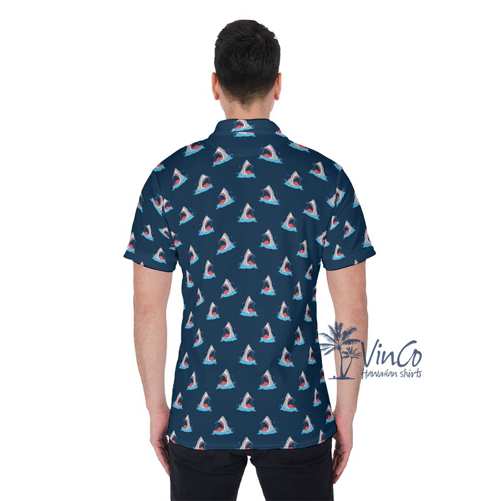 Shark Navy Hawaiian Polo Shirt For Men
