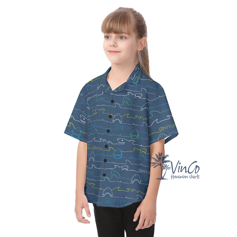 Navy Shark Kid's Hawaiian Shirt