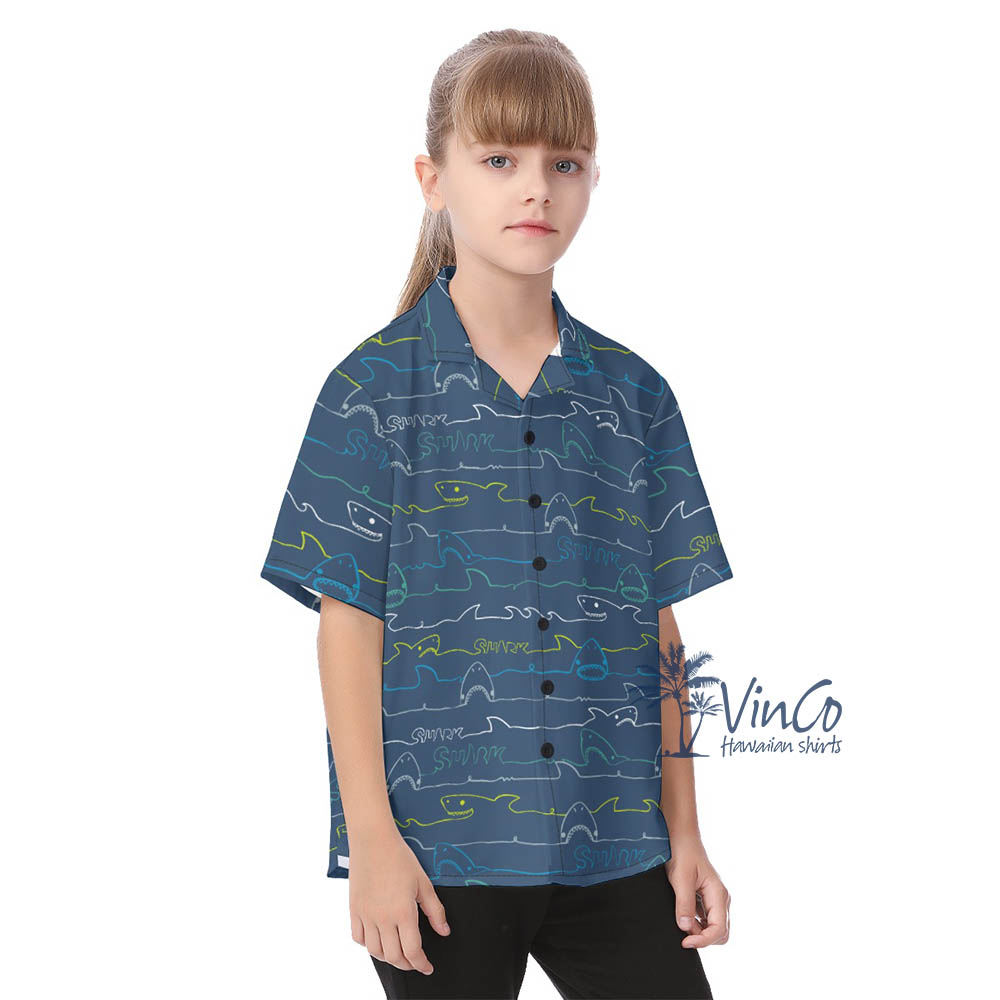 Navy Shark Kid's Hawaiian Shirt