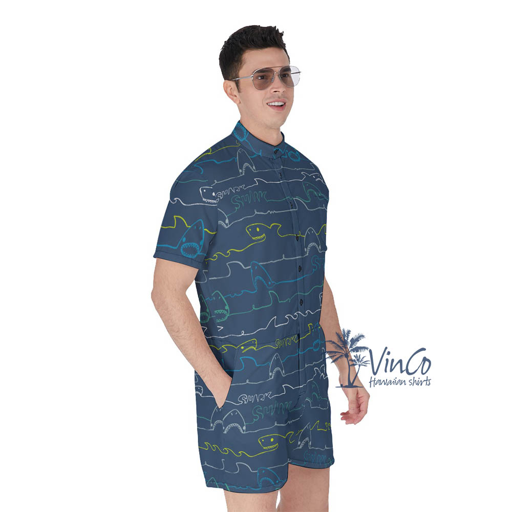 Shark Hawaiian Romper For Men Navy