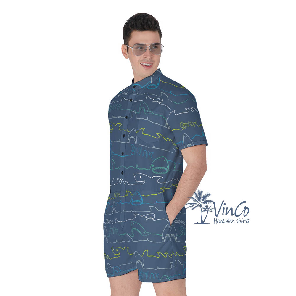 Shark Hawaiian Romper For Men Navy