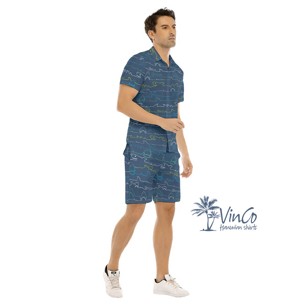 Navy Shark Men's Hawaiian Shirt Shorts