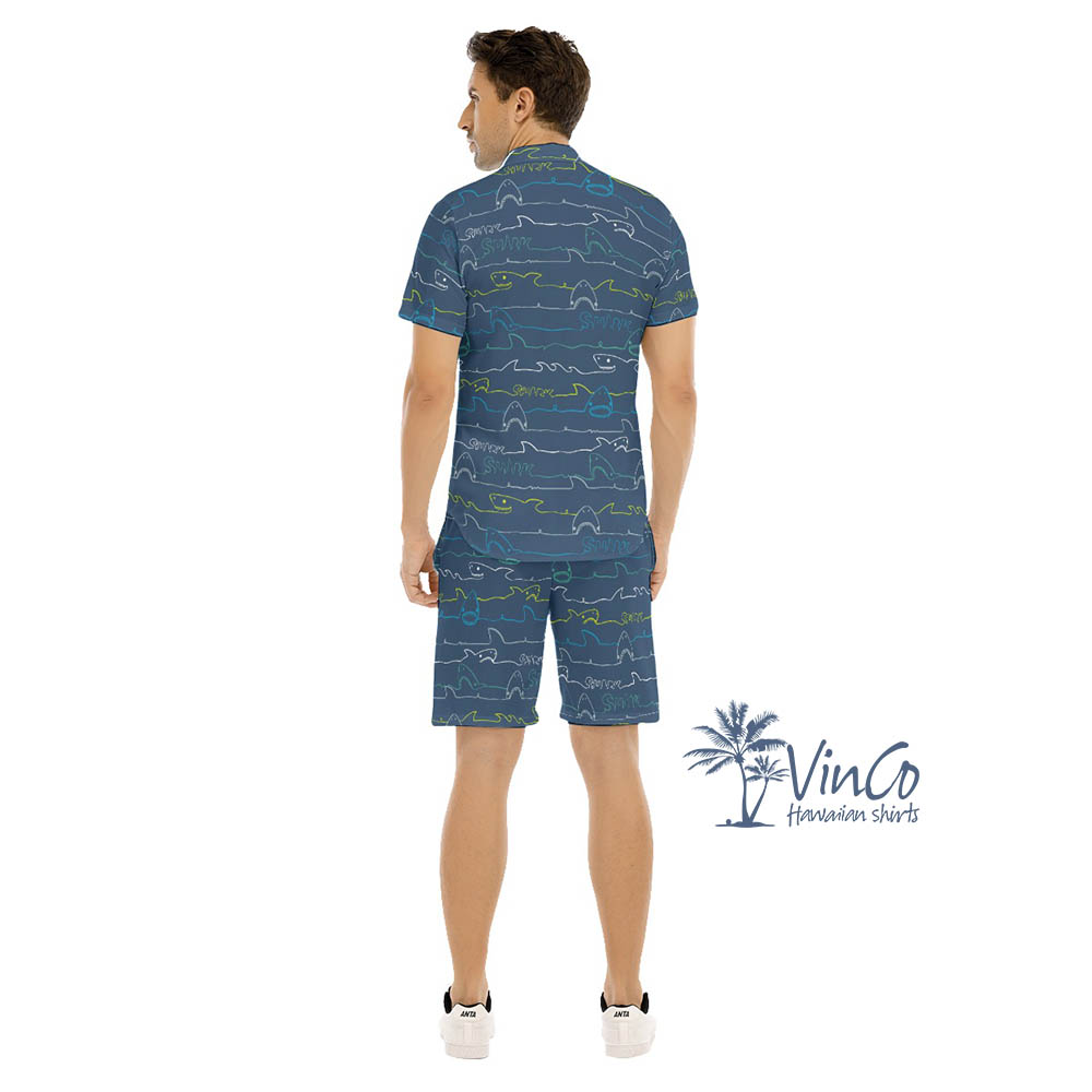 Navy Shark Men's Hawaiian Shirt Shorts