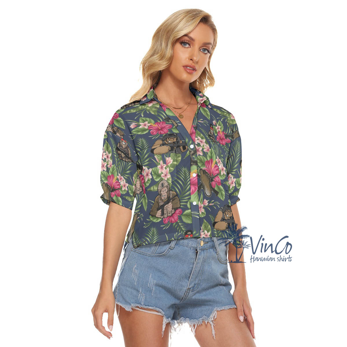 Floral Bigfoot Tactical Hawaiian Cropped Shirt For Women