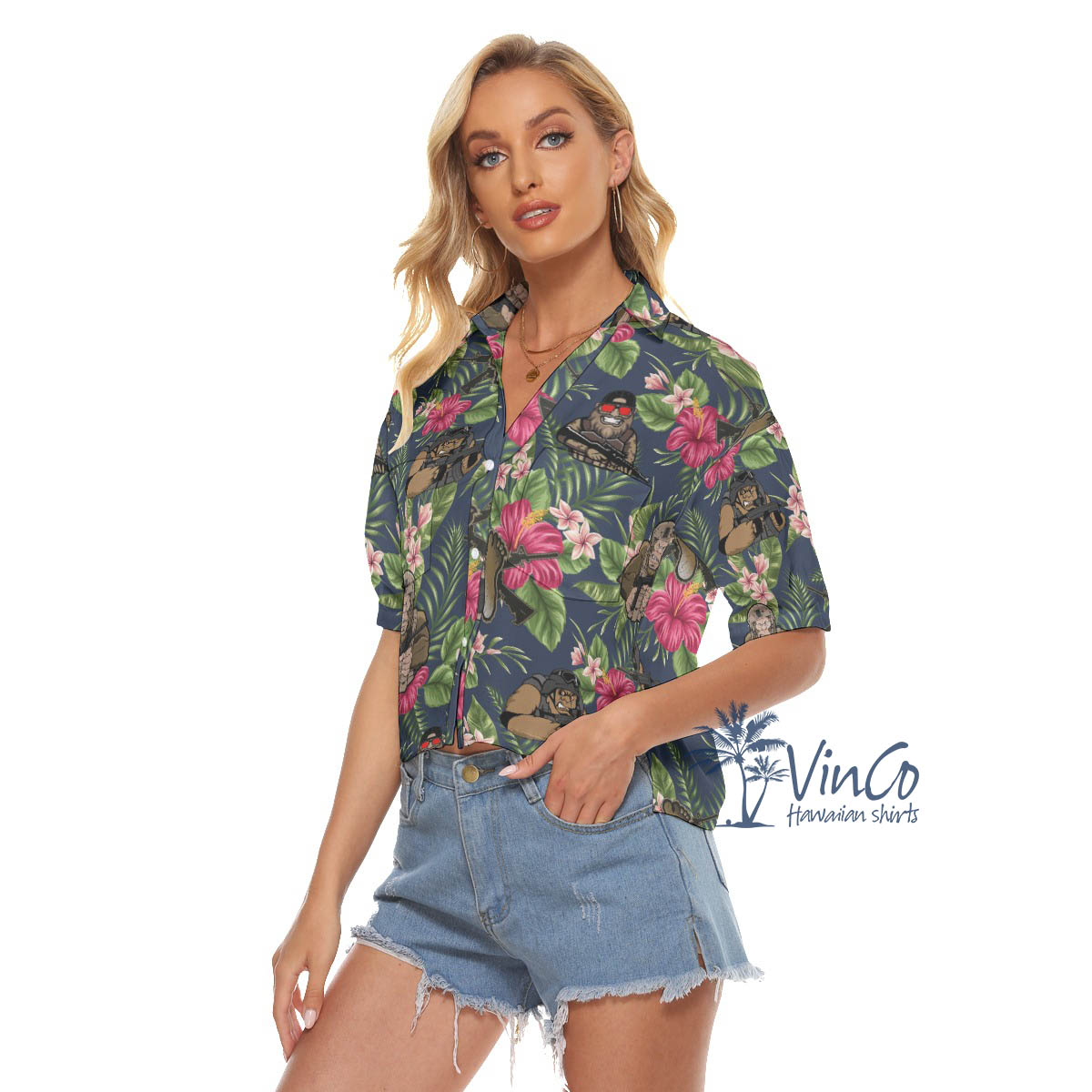 Floral Bigfoot Tactical Hawaiian Cropped Shirt For Women