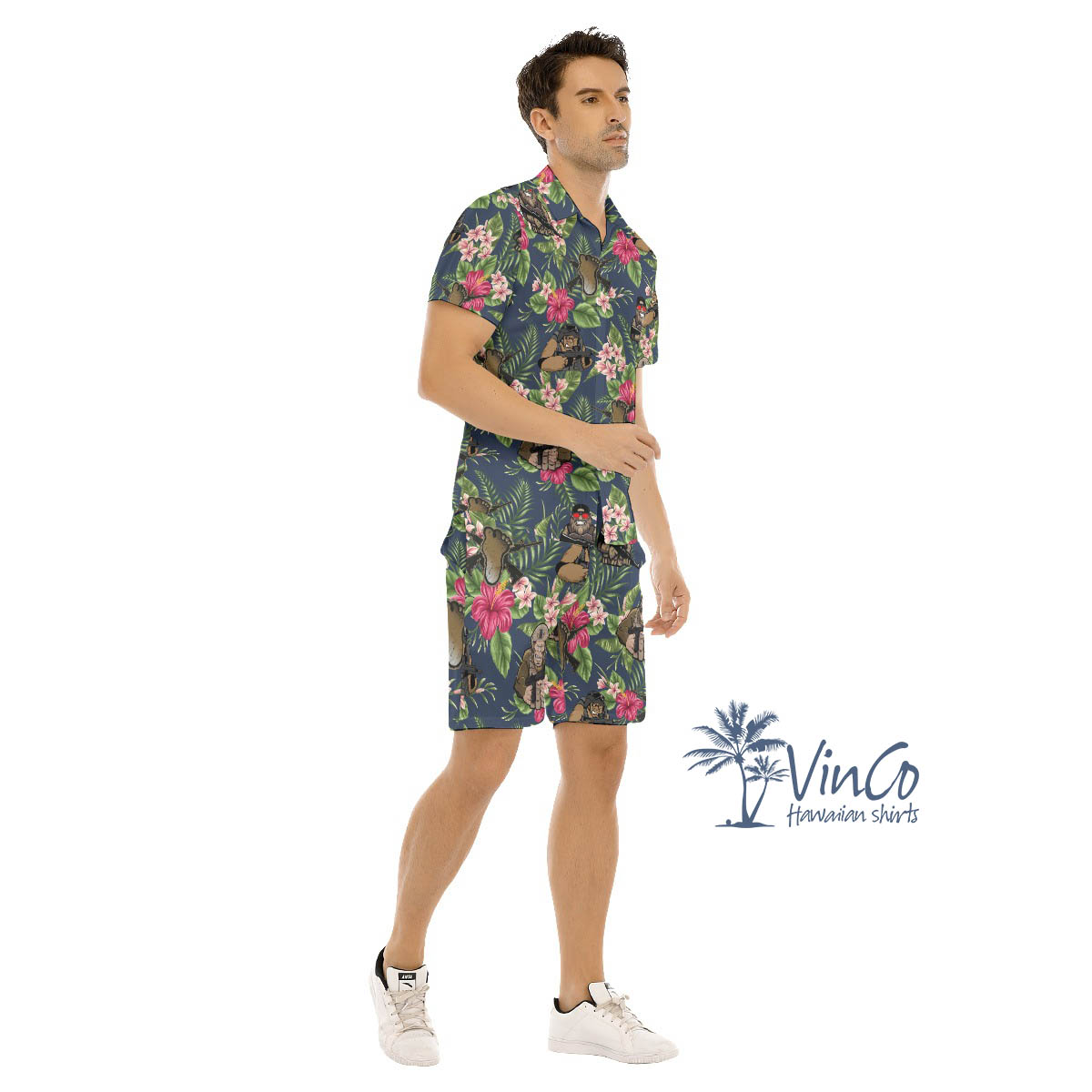 Funny Bigfoot Tactical Floral Hawaiian Shirt And Matching Shorts For Men