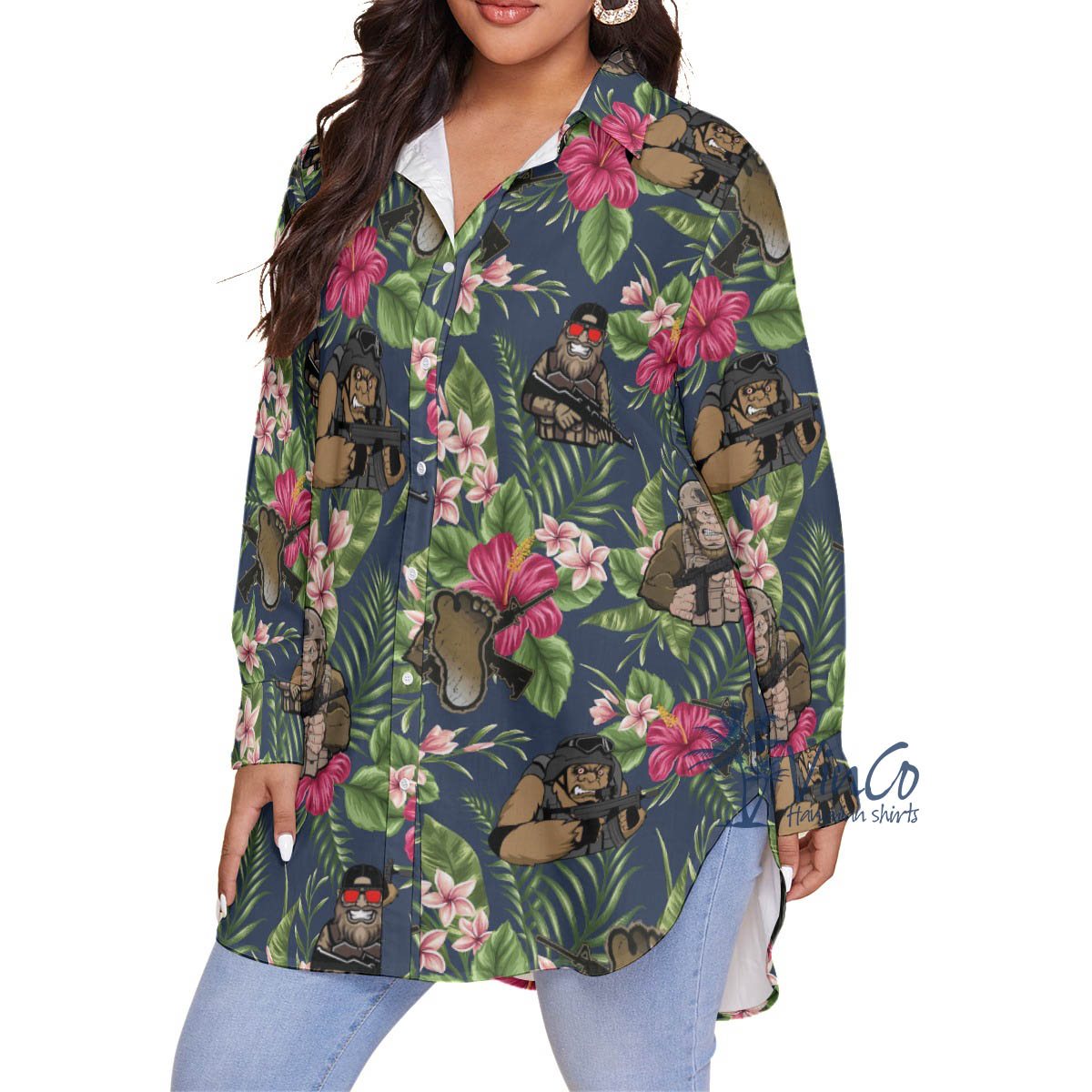 Floral Bigfoot Tacticals Hawaiian Plus Size Shirt For Women