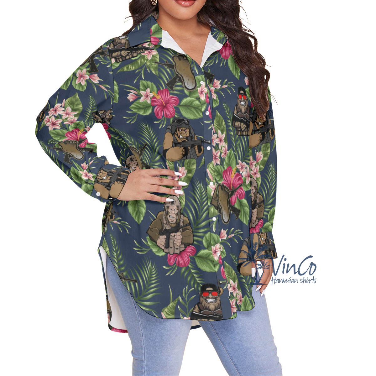 Floral Bigfoot Tacticals Hawaiian Plus Size Shirt For Women