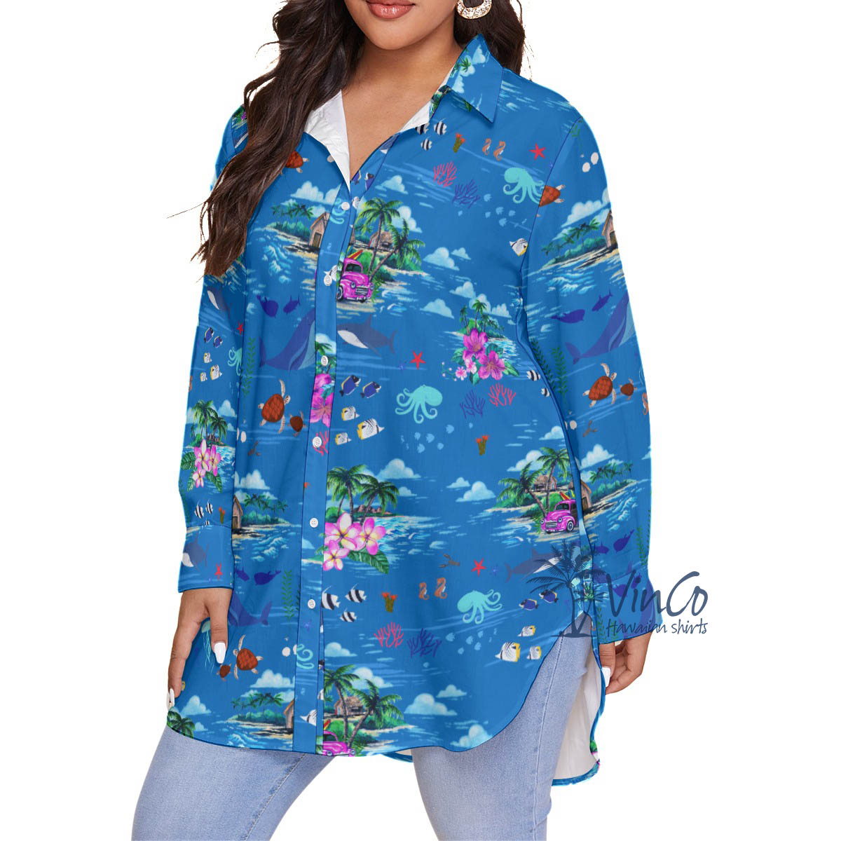 Ocean Whale Tropical Blue Hawaiian Plus Size Shirt For Women