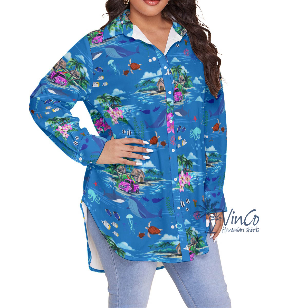 Ocean Whale Tropical Blue Hawaiian Plus Size Shirt For Women