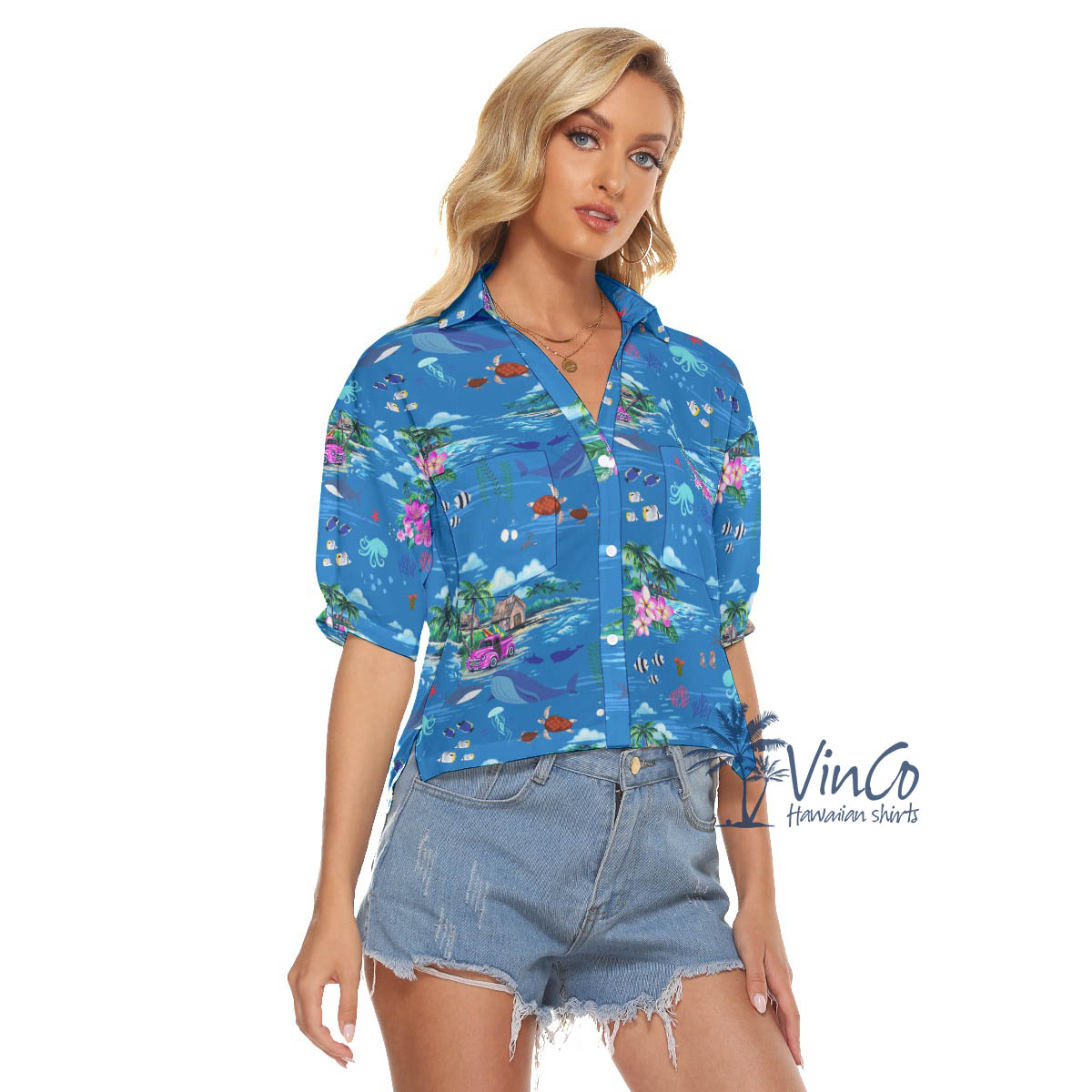 Tropical Ocean Fishes Blue Hawaiian Cropped Shirt For Women