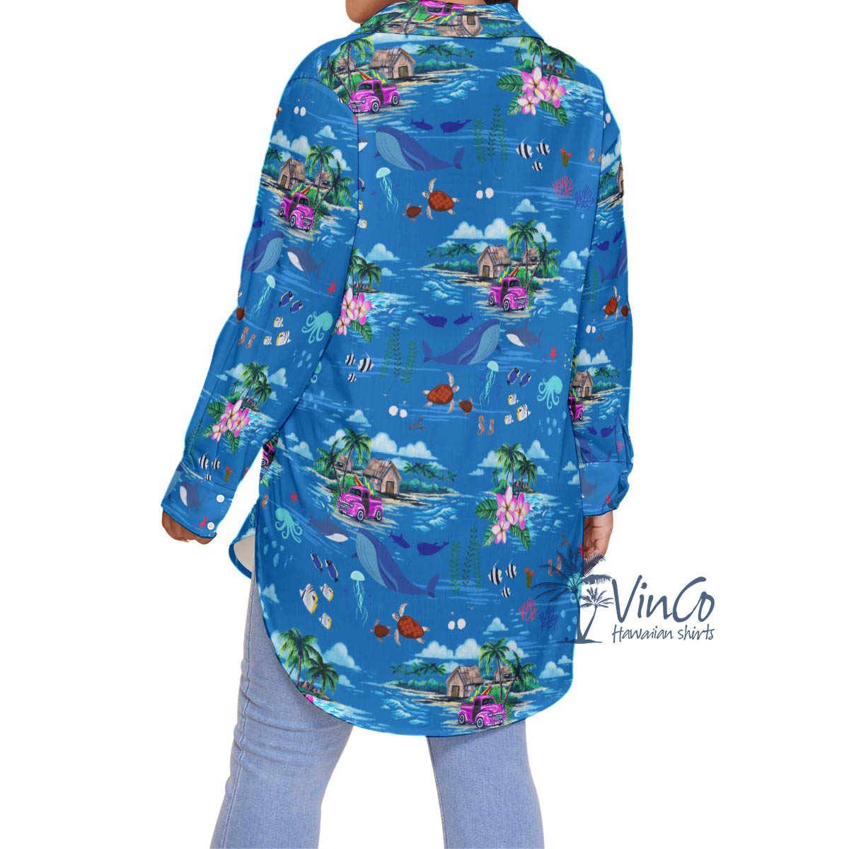 Ocean Whale Tropical Blue Hawaiian Plus Size Shirt For Women