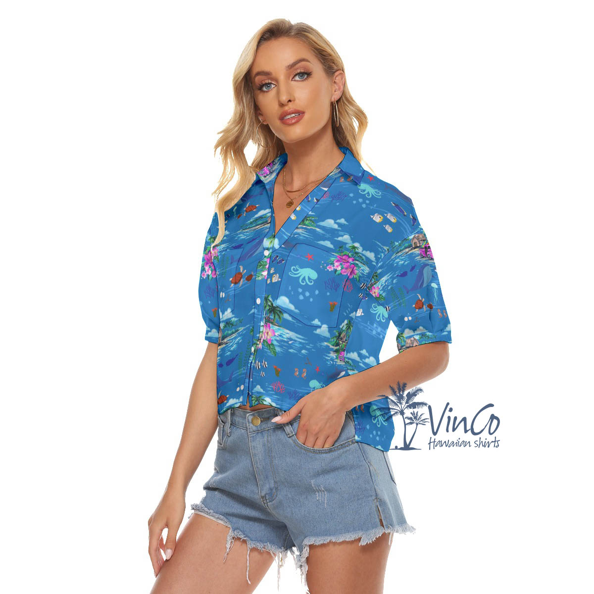 Tropical Ocean Fishes Blue Hawaiian Cropped Shirt For Women