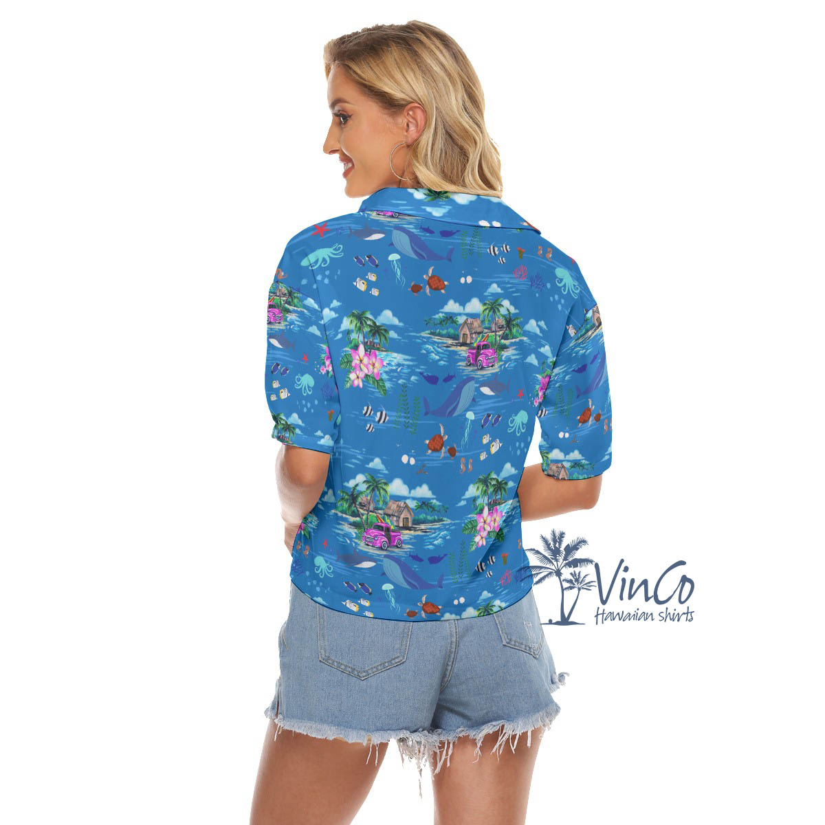 Tropical Ocean Fishes Blue Hawaiian Cropped Shirt For Women
