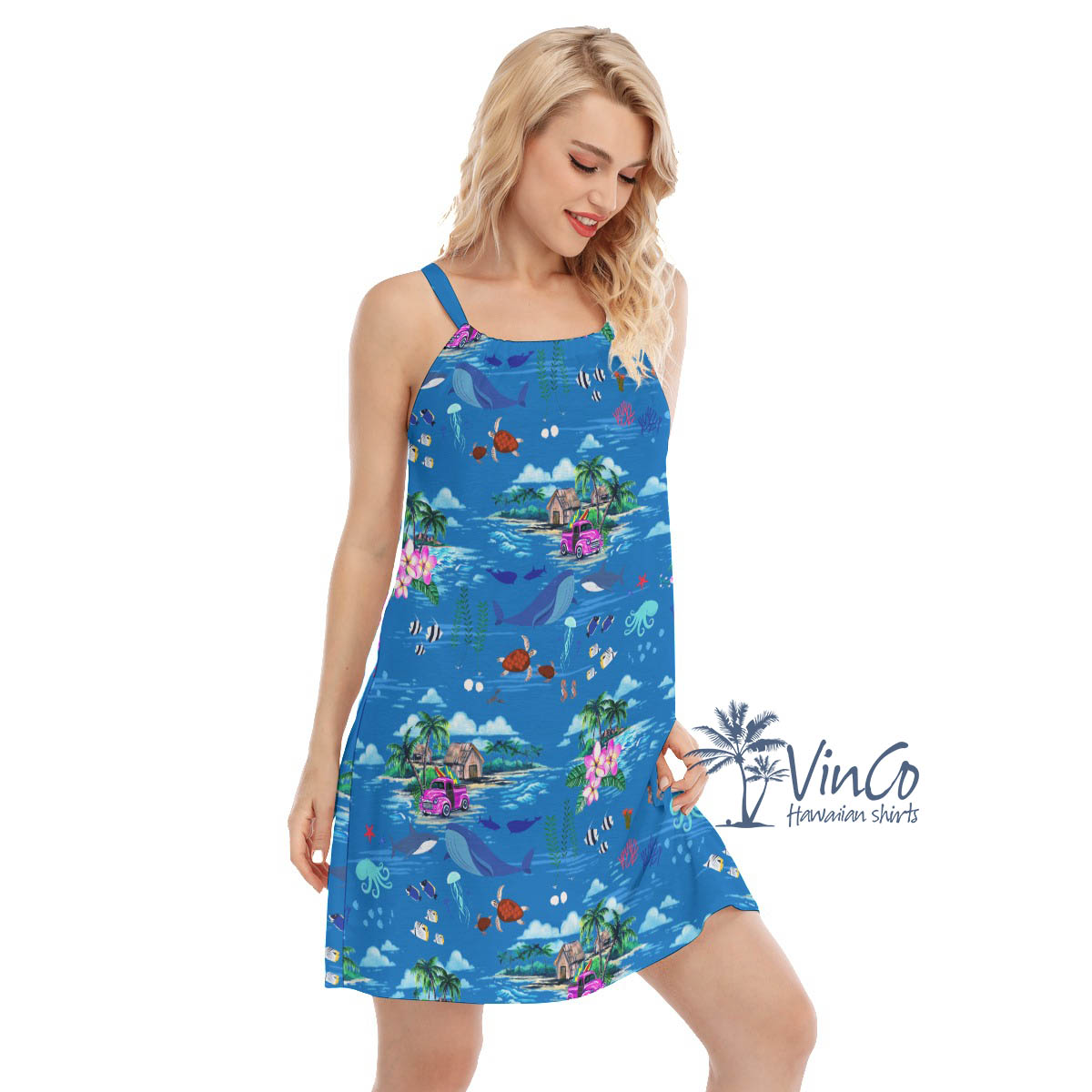 Ocean Creatures Tropical Blue Hawaiian Dresses For Women