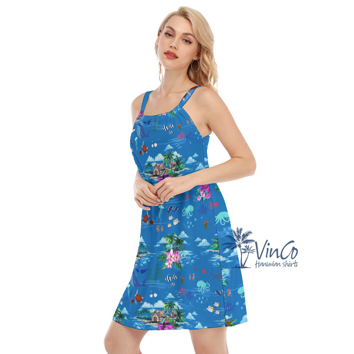 Ocean Creatures Tropical Blue Hawaiian Dresses For Women
