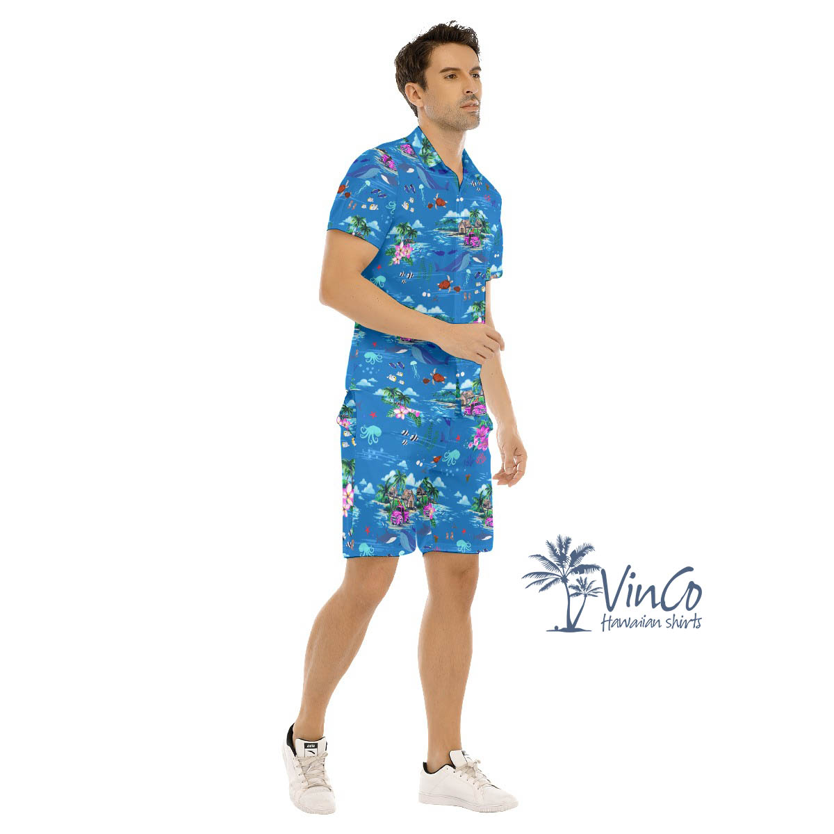 Ocean Whale Tropical Blue Hawaiian Shirt And Matching Shorts For Men