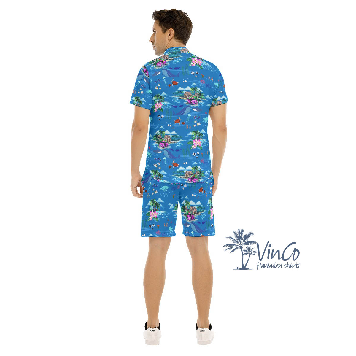 Ocean Whale Tropical Blue Hawaiian Shirt And Matching Shorts For Men