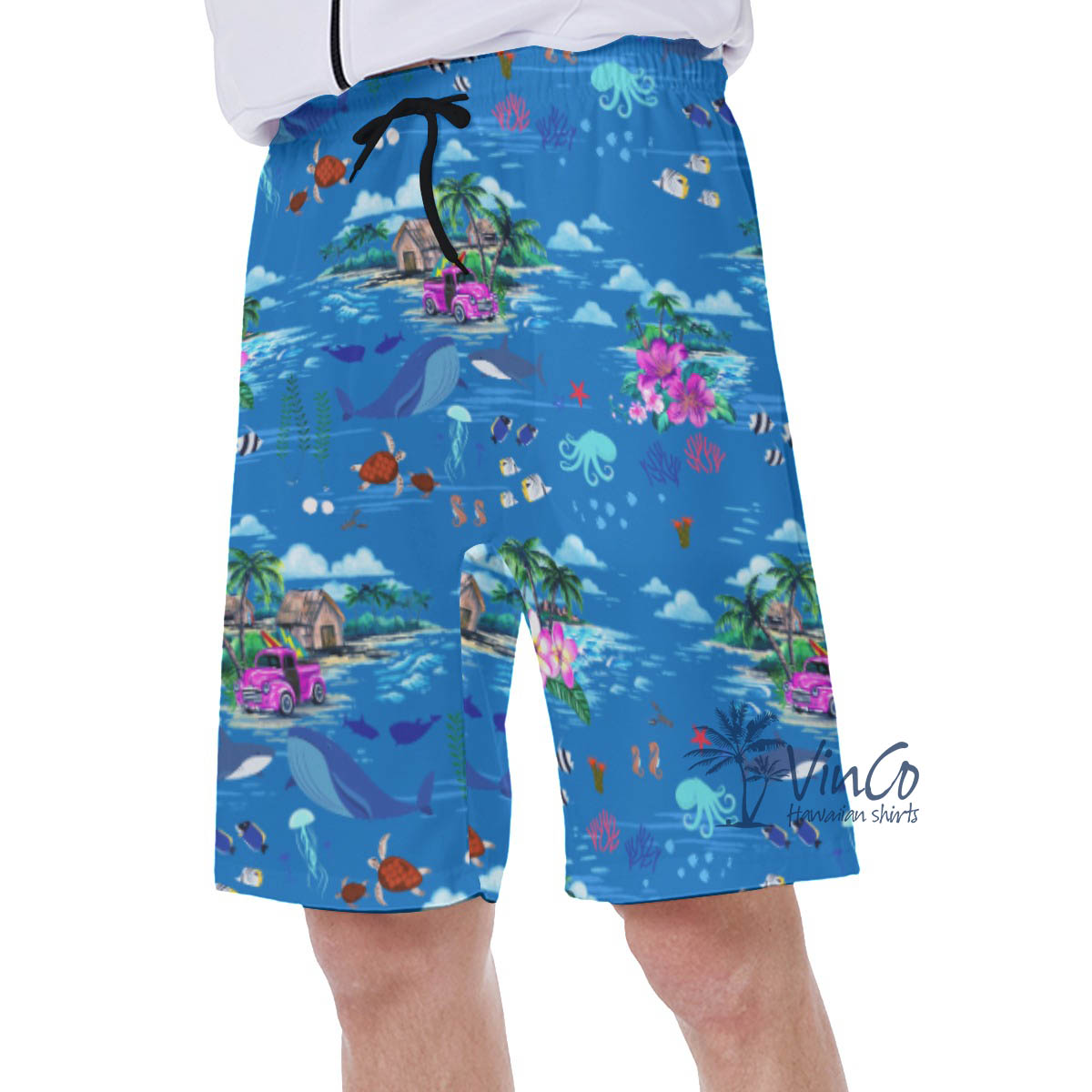Blue Whale Tropical Hawaiian Swim Trunks For Men