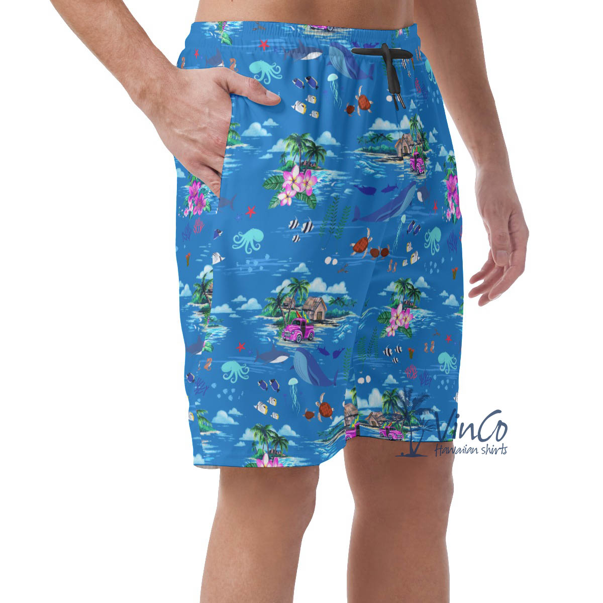 Ocean Creatures Tropical Blue Hawaiian Beach Shorts For Men