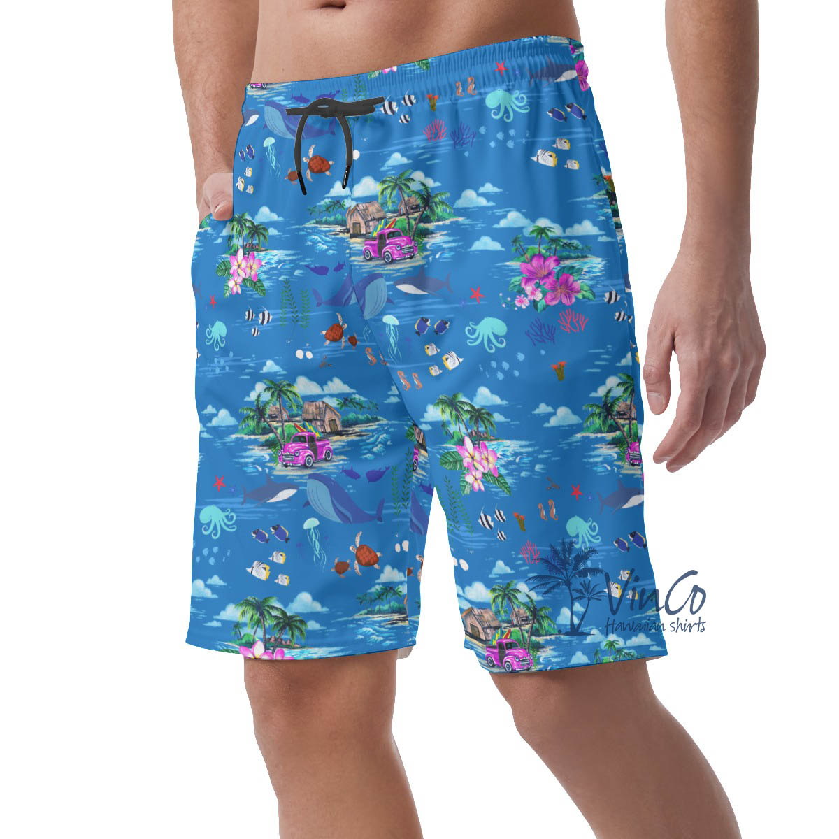 Ocean Creatures Tropical Blue Hawaiian Beach Shorts For Men