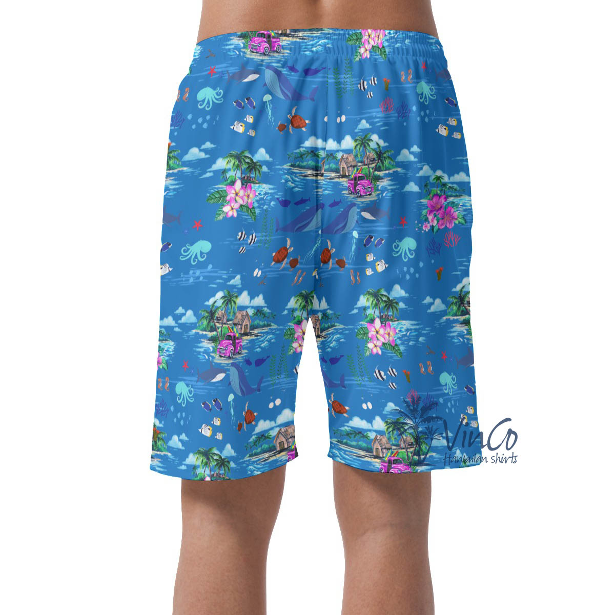 Ocean Creatures Tropical Blue Hawaiian Beach Shorts For Men