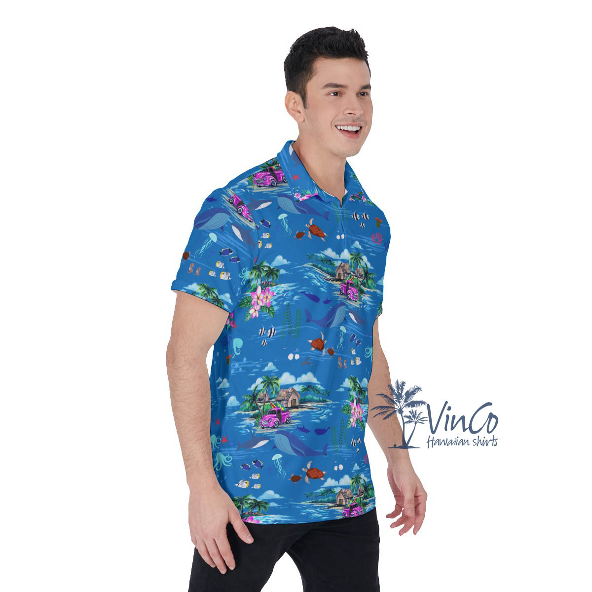 Tropical Ocean Fish Blue Hawaiian Polo Shirt For Men
