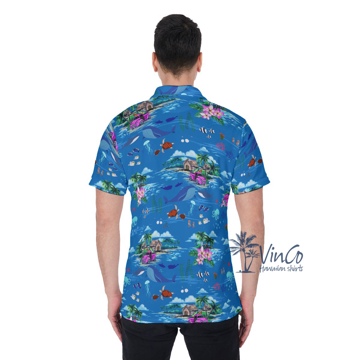 Tropical Ocean Fish Blue Hawaiian Polo Shirt For Men