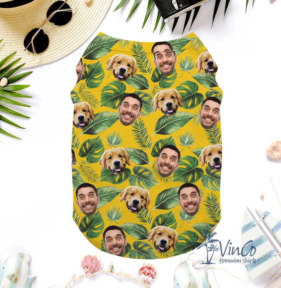 Custom Dog And Owner Faces Dog's Hawaiian Shirt