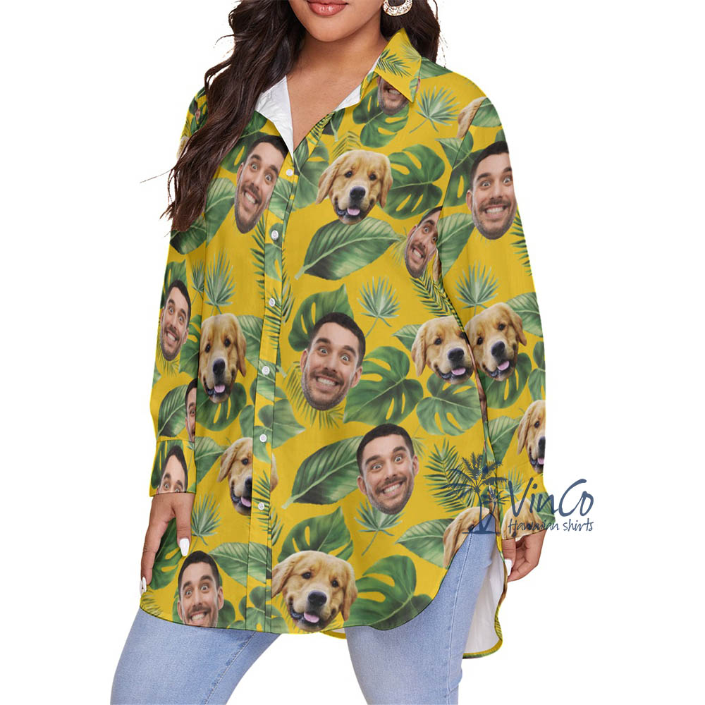 Tropical Custom Dog Face Plus Size Hawaiian Shirt For Women