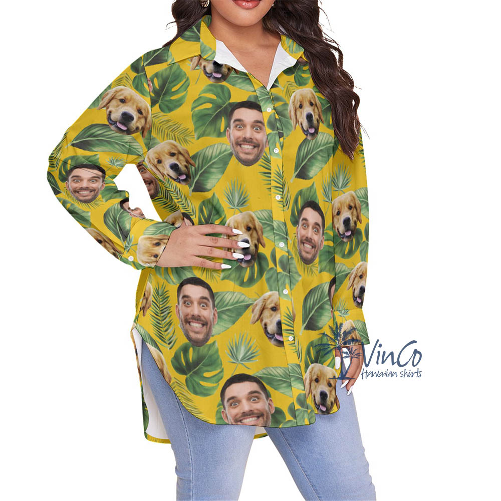 Tropical Custom Dog Face Plus Size Hawaiian Shirt For Women