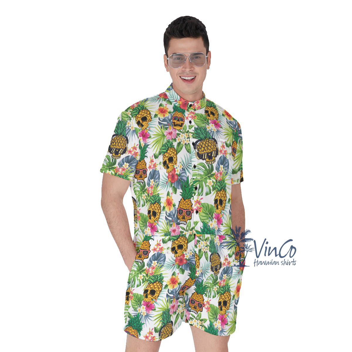 Funny Skull Pineapple Tropical Summer Hawaiian Romper For Men - variant image 1