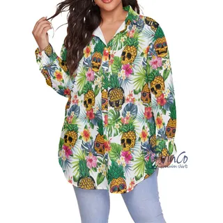 Funny Pineapple Skull Tropical Hawaiian Plus Size Shirt For Women