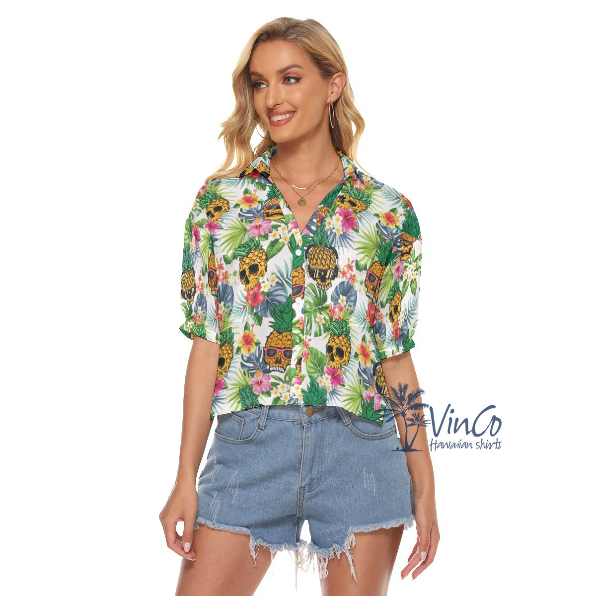 Cool Pineapple Skull Tropical Hawaiian Cropped Shirt For Women - variant image 1