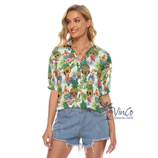 Cool Pineapple Skull Tropical Hawaiian Cropped Shirt For Women