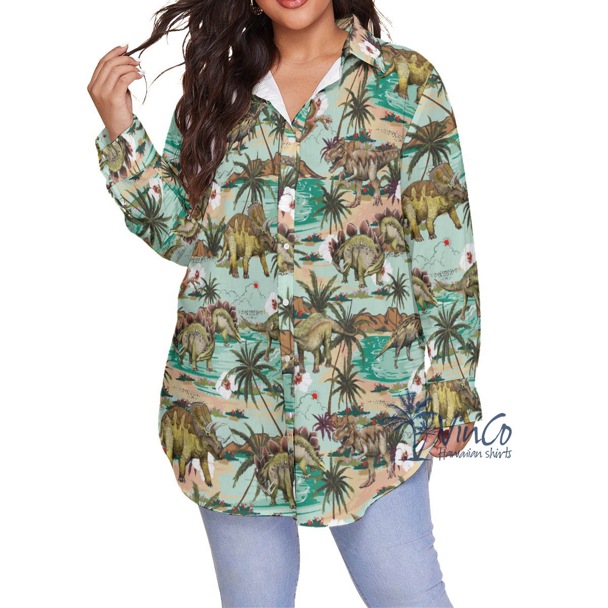 Tropical Dinosaur Hawaiian Plus Size Shirt For Women - variant image 1