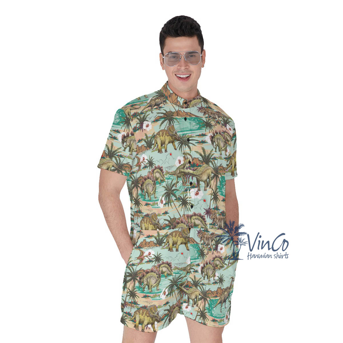 Dinosaur Summer Tropical Hawaiian Romper For Men - variant image 1