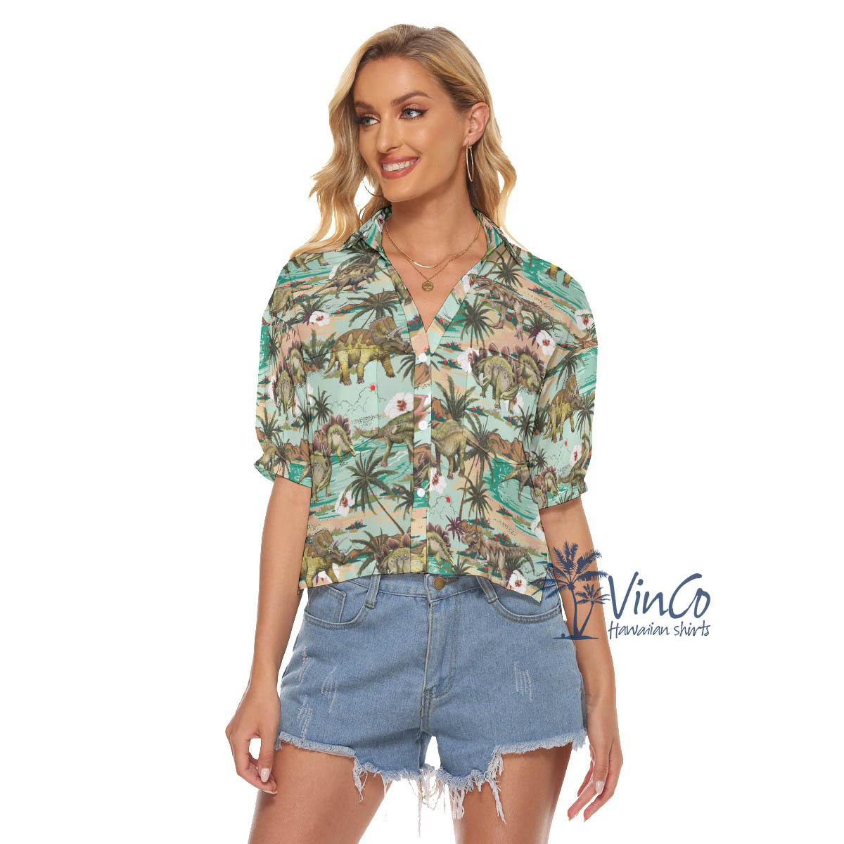 Dinosaur Tropical Summer Hawaiian Cropped Shirt For Women - variant image 1