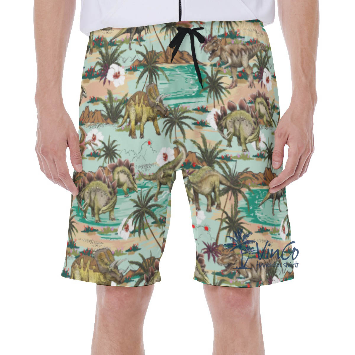 Tropical Palm Tree Dinosaur Hawaiian Swim Trunks For Men - variant image 1