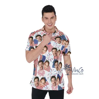 White Red And Blue Men's Hawaiian Polo Shirt With Custom Multiple Faces