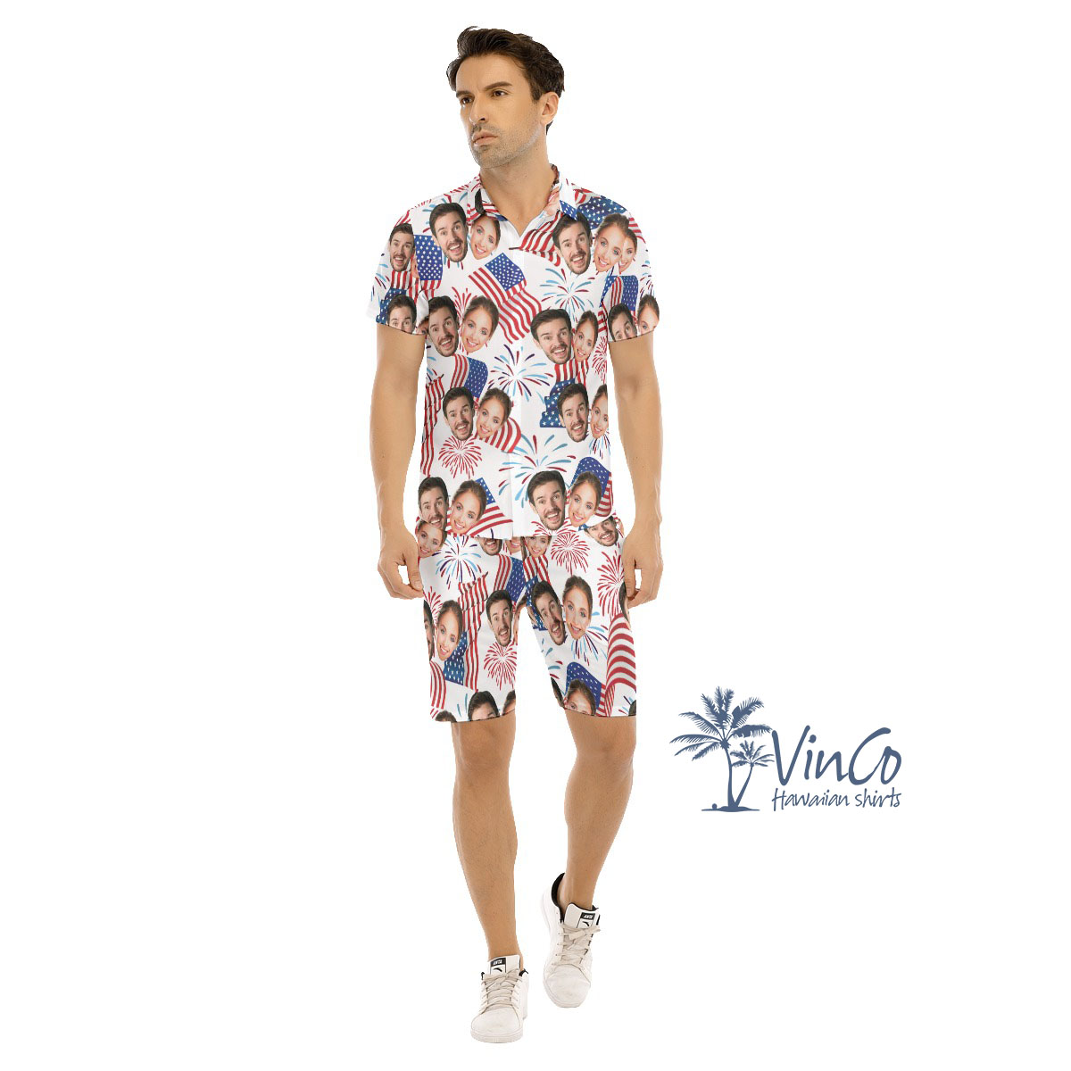 4th Of July Custom Couple Faces Men's Hawaiian Shirt And Shorts - variant image 1