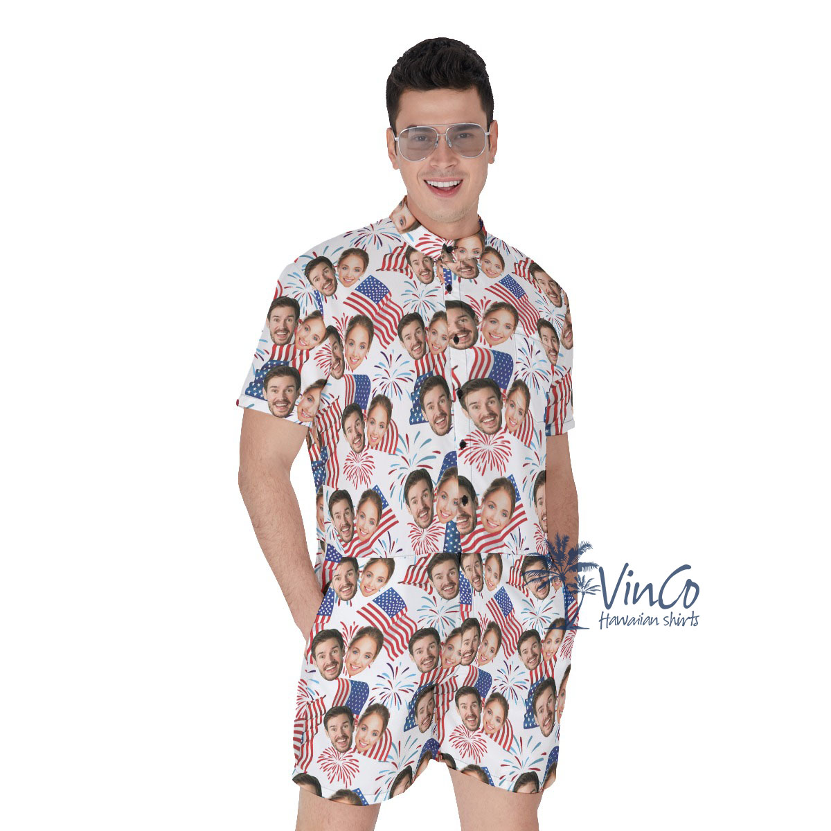 4th Of July Custom Couple Faces Men's Hawaiian Romper - variant image 1