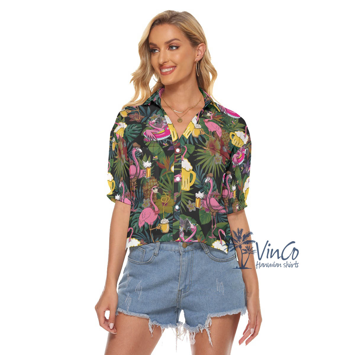 Funny Flamingo Beer Tropical Hawaiian Cropped Shirt For Women - variant image 1