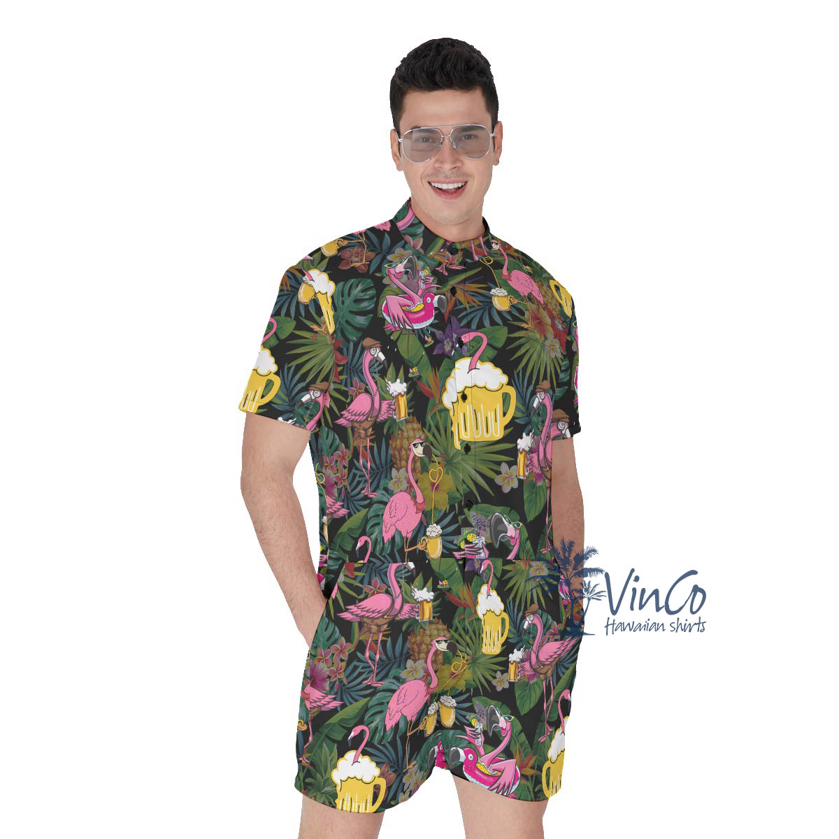Tropical Flamingo Beer Men's Hawaiian Romper - variant image 1