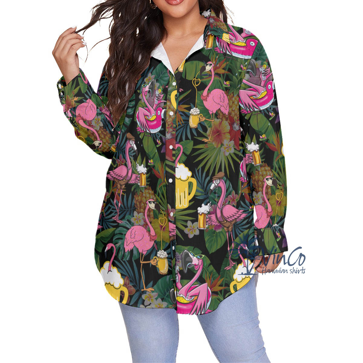 Funny Flamingo Drink Beer Tropical Hawaiian Plus Size Shirt For Women - variant image 1